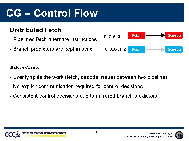 CG – Control Flow Distributed Fetch. - Pipelines fetch alternate instructions - Branch predictors