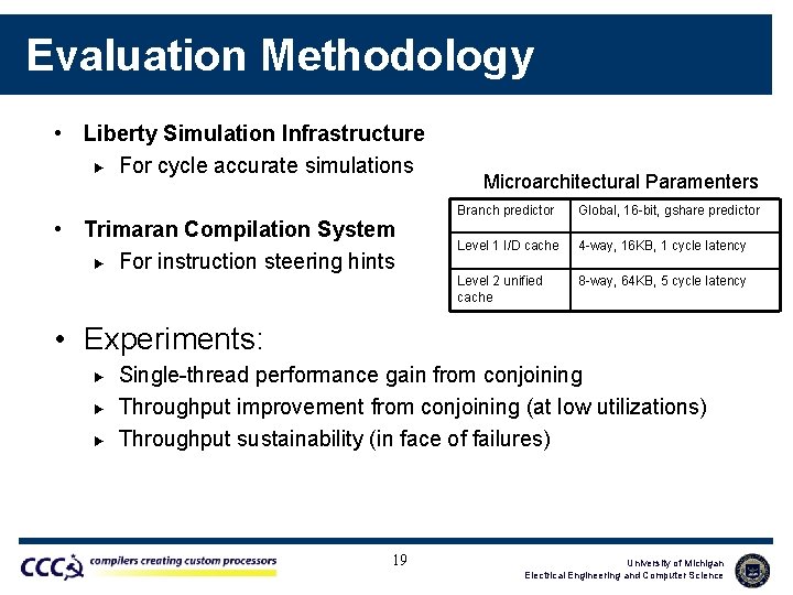 Evaluation Methodology • Liberty Simulation Infrastructure ► For cycle accurate simulations • Trimaran Compilation