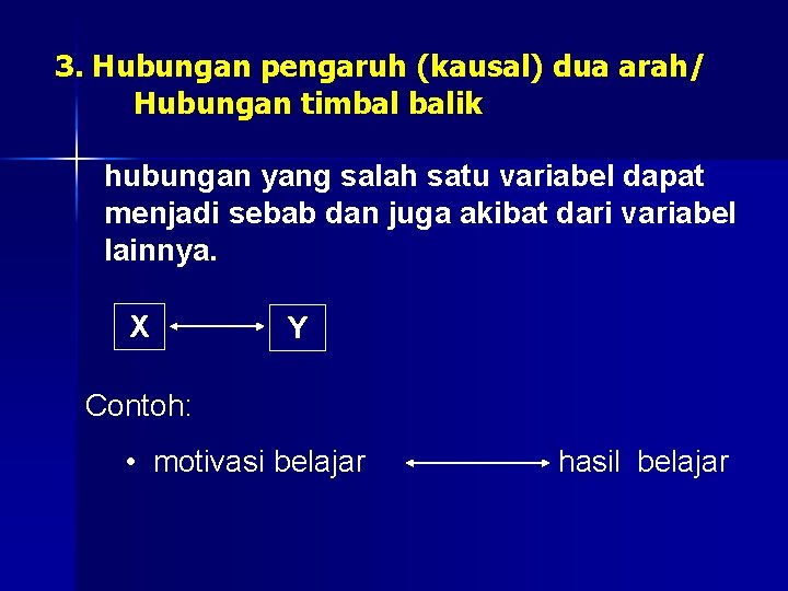 3. Hubungan pengaruh (kausal) dua arah/ Hubungan timbal balik hubungan yang salah satu variabel