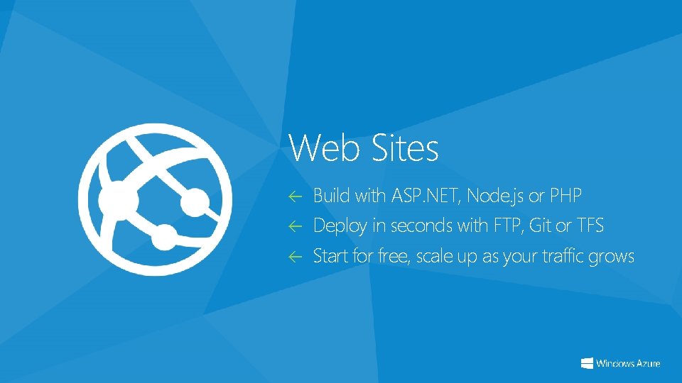 Web Sites Build with ASP. NET, Node. js or PHP Deploy in seconds with