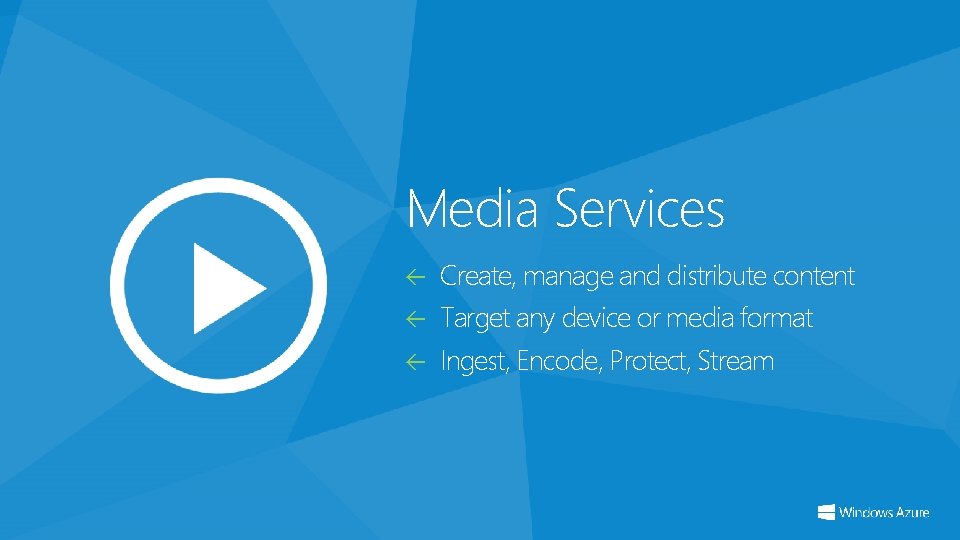 Media Services Create, manage and distribute content Target any device or media format Ingest,