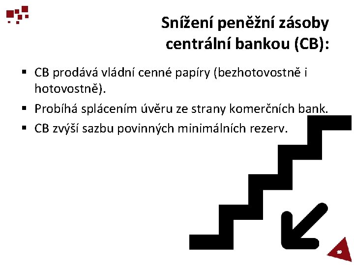 Snížení peněžní zásoby centrální bankou (CB): § CB prodává vládní cenné papíry (bezhotovostně i