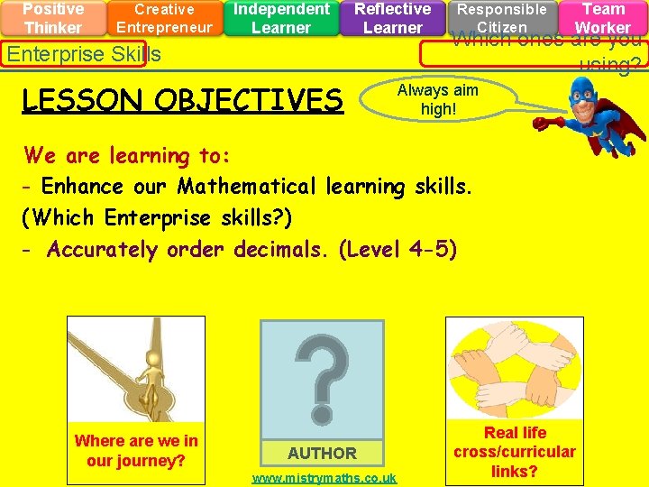 Positive Thinker Creative Entrepreneur Independent Learner Reflective Learner Enterprise Skills LESSON OBJECTIVES Responsible Citizen