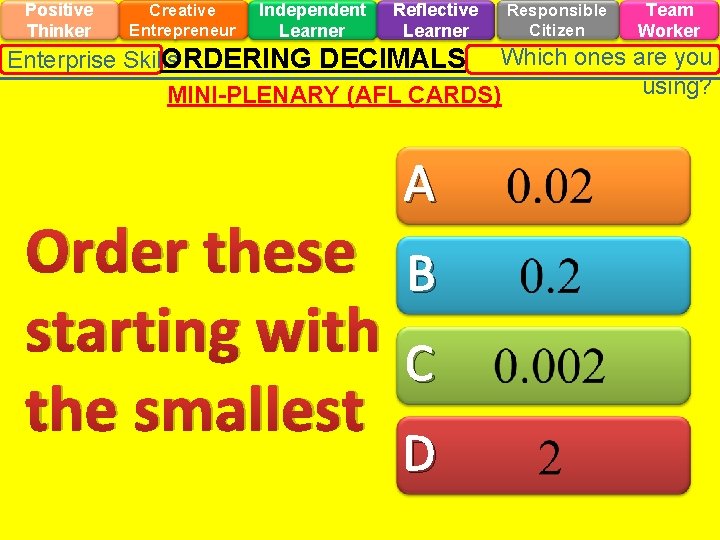 Positive Thinker Creative Entrepreneur Independent Learner Reflective Learner Responsible Citizen Team Worker ORDERING DECIMALS