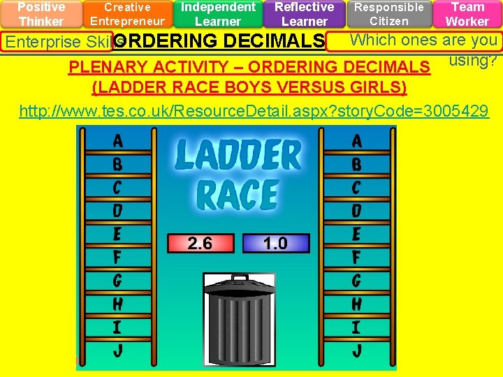 Positive Thinker Creative Entrepreneur Independent Learner Reflective Learner Responsible Citizen Team Worker ORDERING DECIMALS