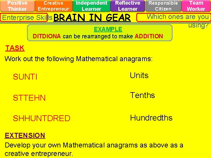 Positive Thinker Creative Entrepreneur Independent Learner Enterprise Skills BRAIN Reflective Learner IN GEAR Responsible