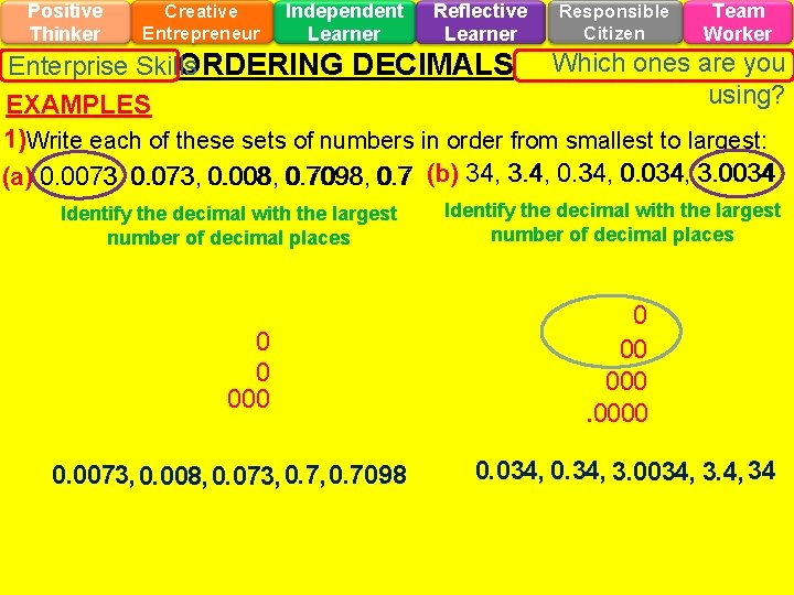 Positive Thinker Creative Entrepreneur Independent Learner Reflective Learner Responsible Citizen Team Worker ORDERING DECIMALS