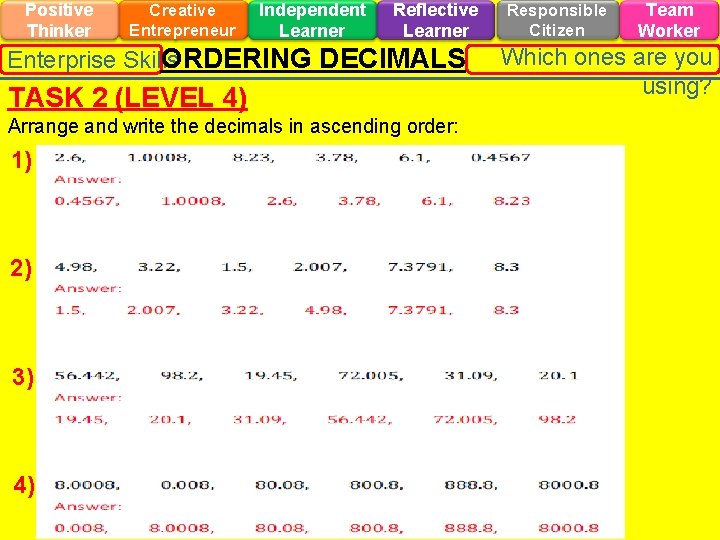 Positive Thinker Creative Entrepreneur Independent Learner Reflective Learner ORDERING DECIMALS Enterprise Skills TASK 2