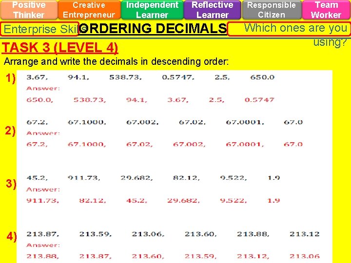 Positive Thinker Creative Entrepreneur Independent Learner Reflective Learner ORDERING DECIMALS Enterprise Skills TASK 3