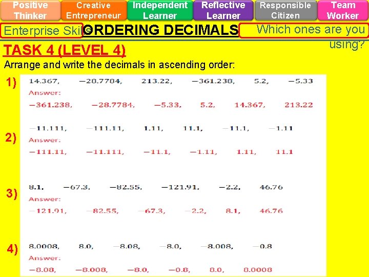 Positive Thinker Creative Entrepreneur Independent Learner Reflective Learner ORDERING DECIMALS Enterprise Skills TASK 4