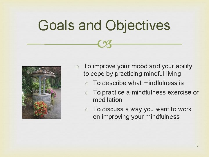 Goals and Objectives o To improve your mood and your ability to cope by