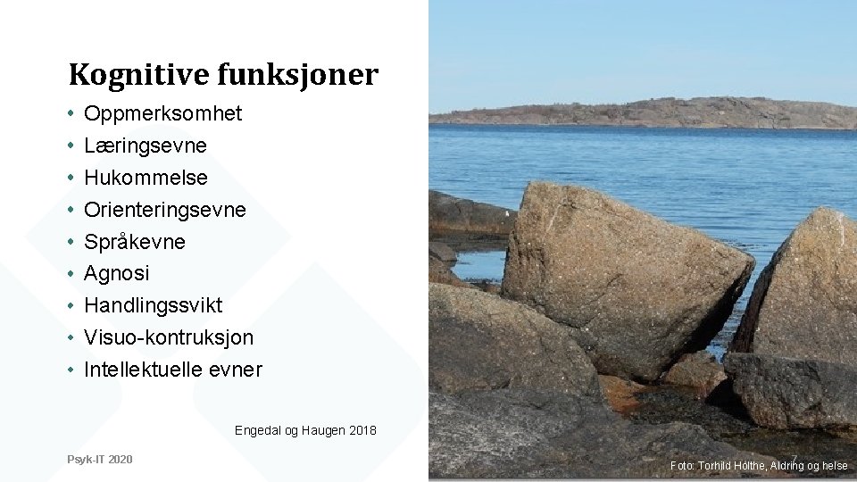 Kognitive funksjoner Oppmerksomhet Læringsevne Hukommelse Orienteringsevne Språkevne Agnosi Handlingssvikt Visuo-kontruksjon Intellektuelle evner Engedal og