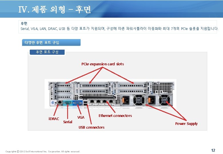IV. 제품 외형 – 후면 후면 Serial, VGA, LAN, DRAC, USB 등 다양 포트가
