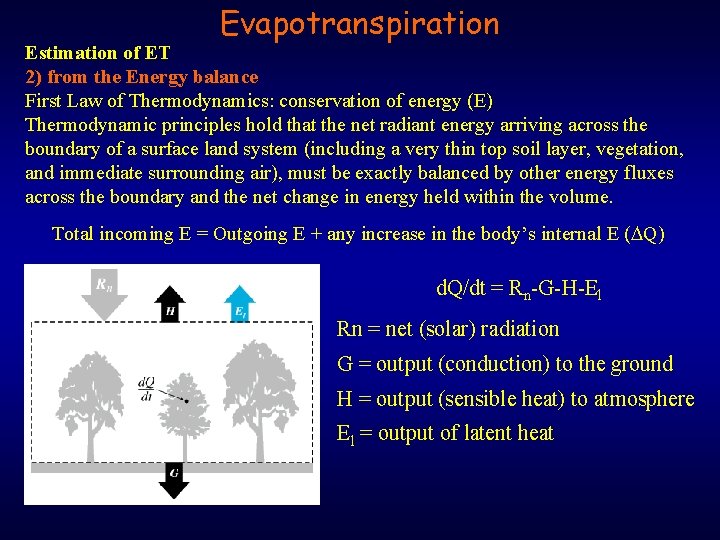 Evapotranspiration Estimation of ET 2) from the Energy balance First Law of Thermodynamics: conservation