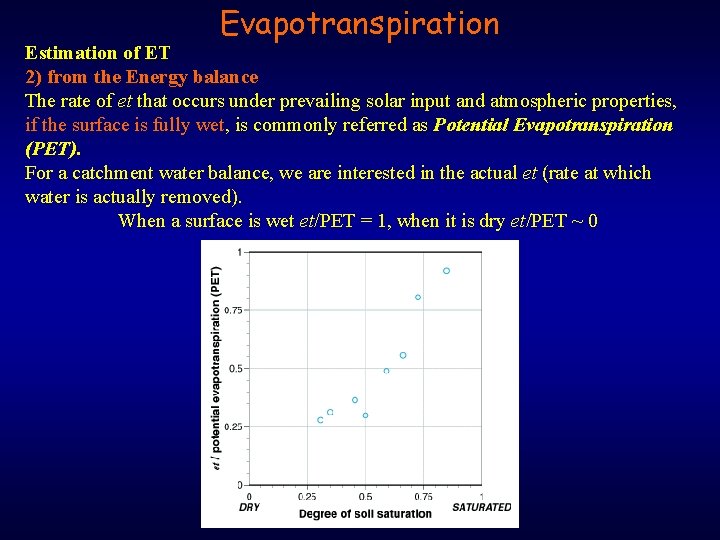 Evapotranspiration Estimation of ET 2) from the Energy balance The rate of et that