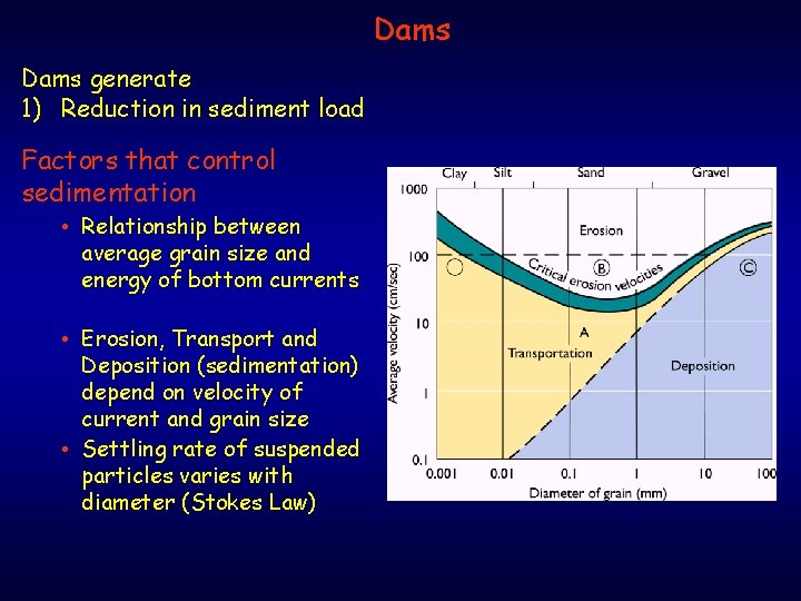 Dams generate 1) Reduction in sediment load Factors that control sedimentation • Relationship between
