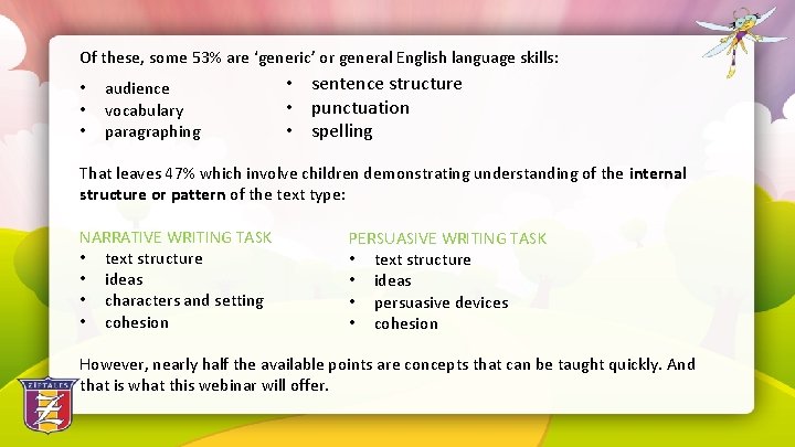 Of these, some 53% are ‘generic’ or general English language skills: • sentence structure
