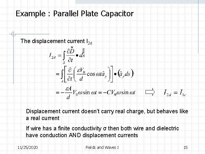 Example : Parallel Plate Capacitor The displacement current I 2 d Displacement current doesn’t