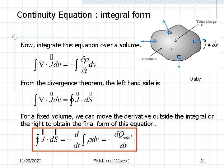 Continuity Equation : integral form Now, integrate this equation over a volume. From the