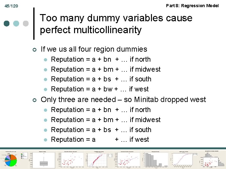 Part 8: Regression Model 45/120 Too many dummy variables cause perfect multicollinearity ¢ If