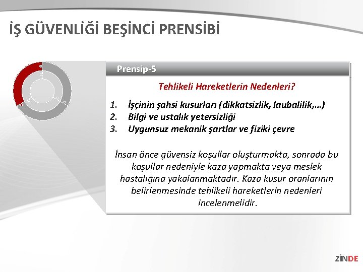 İŞ GÜVENLİĞİ BEŞİNCİ PRENSİBİ Prensip-5 Tehlikeli Hareketlerin Nedenleri? 1. İşçinin şahsi kusurları (dikkatsizlik, laubalilik,