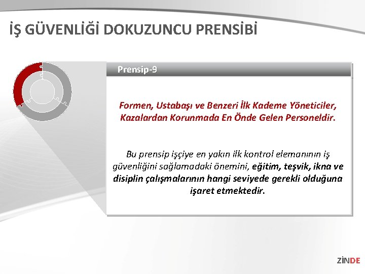 İŞ GÜVENLİĞİ DOKUZUNCU PRENSİBİ Prensip-9 Formen, Ustabaşı ve Benzeri İlk Kademe Yöneticiler, Kazalardan Korunmada