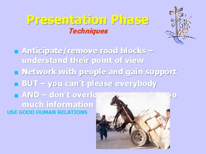 Presentation Phase Techniques n n Anticipate/remove road blocks – understand their point of view