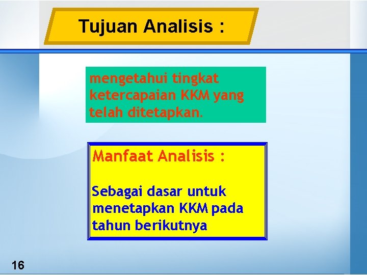Tujuan Analisis : mengetahui tingkat ketercapaian KKM yang telah ditetapkan. Manfaat Analisis : Sebagai Tujuan Analisis : mengetahui tingkat ketercapaian KKM yang telah ditetapkan. Manfaat Analisis : Sebagai