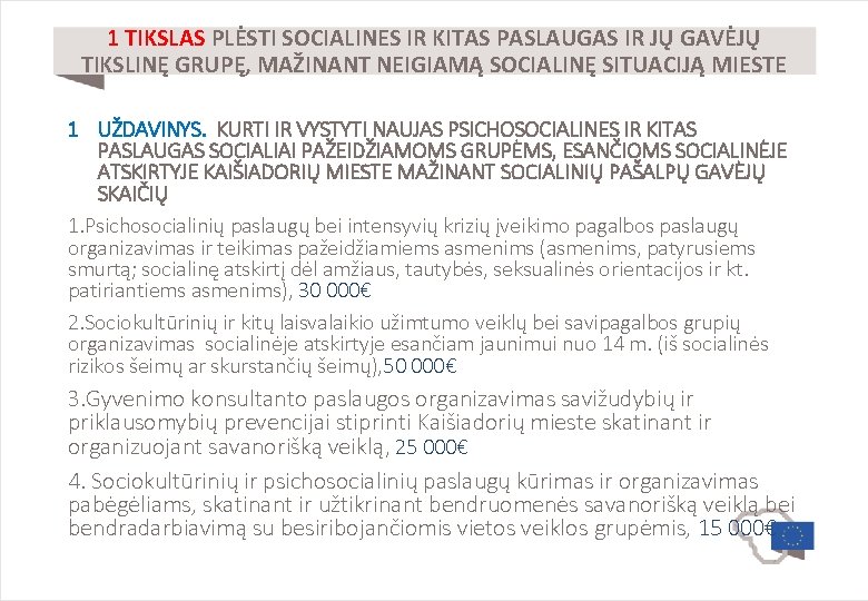 1 TIKSLAS PLĖSTI SOCIALINES IR KITAS PASLAUGAS IR JŲ GAVĖJŲ TIKSLINĘ GRUPĘ, MAŽINANT NEIGIAMĄ