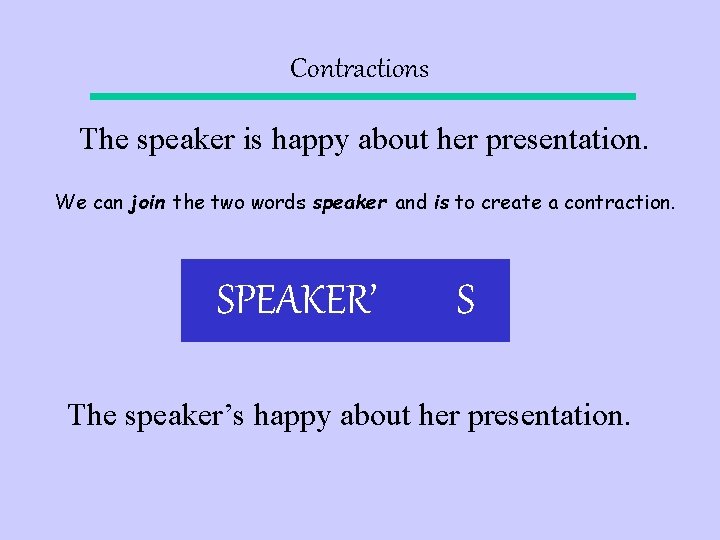 Contractions The speaker is happy about her presentation. We can join the two words