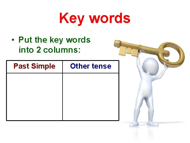 Key words • Put the key words into 2 columns: Past Simple Other tense