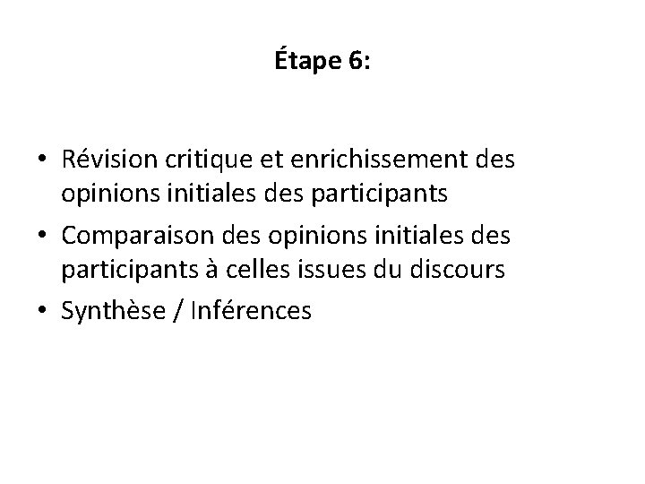 Étape 6: • Révision critique et enrichissement des opinions initiales des participants • Comparaison