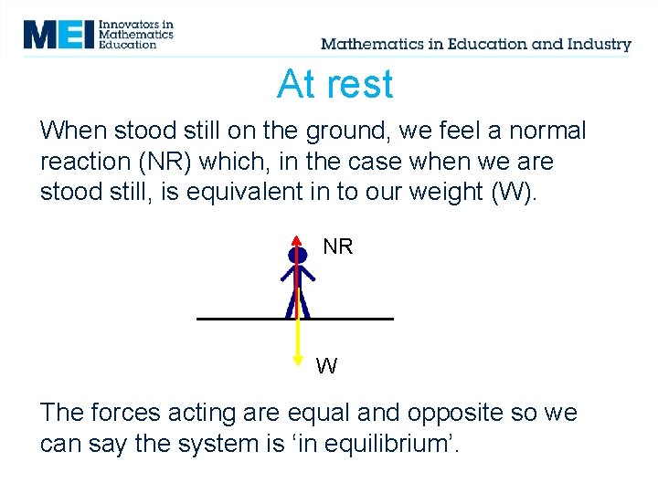 At rest When stood still on the ground, we feel a normal reaction (NR) At rest When stood still on the ground, we feel a normal reaction (NR)