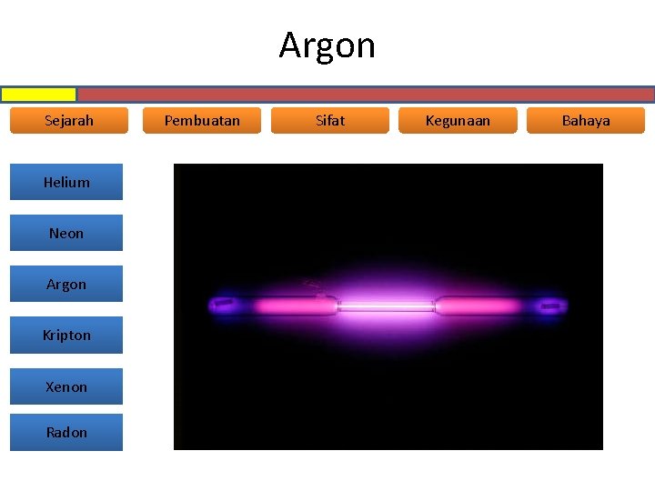 Argon Sejarah Helium Neon Argon Kripton Xenon Radon Pembuatan Sifat Kegunaan Bahaya 