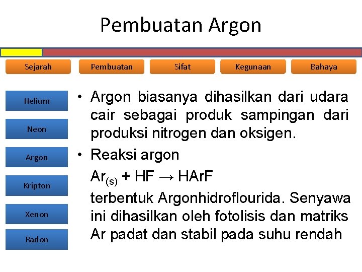 Pembuatan Argon Sejarah Helium Neon Argon Kripton Xenon Radon Pembuatan Sifat Kegunaan Bahaya •