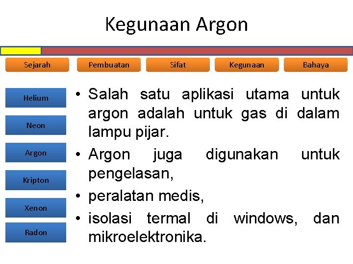 Kegunaan Argon Sejarah Helium Neon Argon Kripton Xenon Radon Pembuatan Sifat Kegunaan Bahaya •