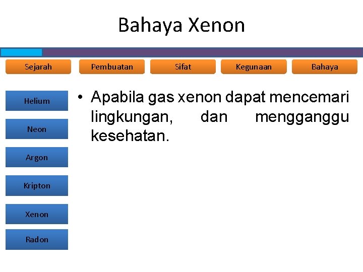 Bahaya Xenon Sejarah Helium Neon Argon Kripton Xenon Radon Pembuatan Sifat Kegunaan Bahaya •