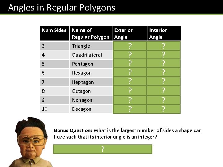 Angles in Regular Polygons Num Sides Name of Exterior Regular Polygon Angle 3 Triangle