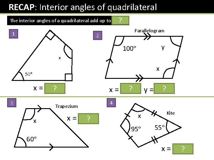  RECAP: Interior angles of quadrilateral The interior angles of a quadrilateral add up