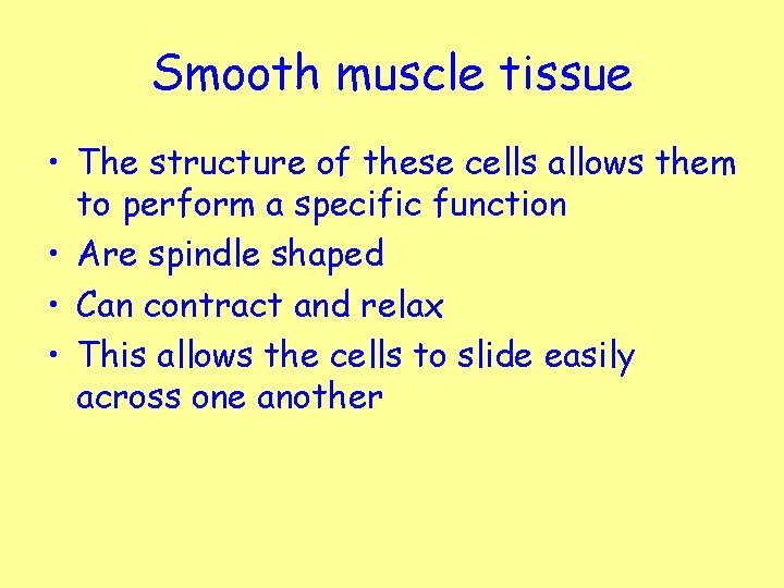 Smooth muscle tissue • The structure of these cells allows them to perform a