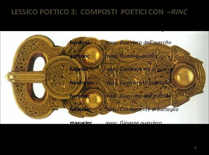 LESSICO POETICO 3: COMPOSTI POETICI CON –RINC beadorinc masc. Guerriero di battaglia byrdrinc masc.