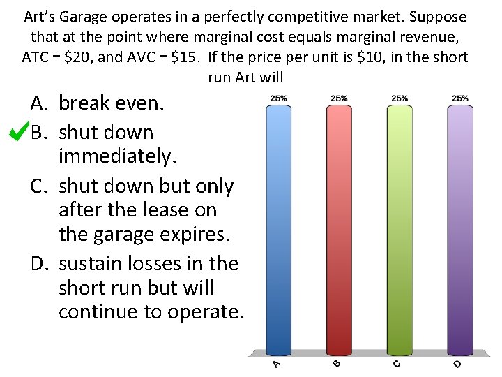 Art’s Garage operates in a perfectly competitive market. Suppose that at the point where