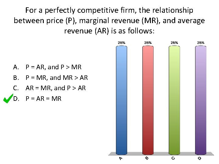For a perfectly competitive firm, the relationship between price (P), marginal revenue (MR), and