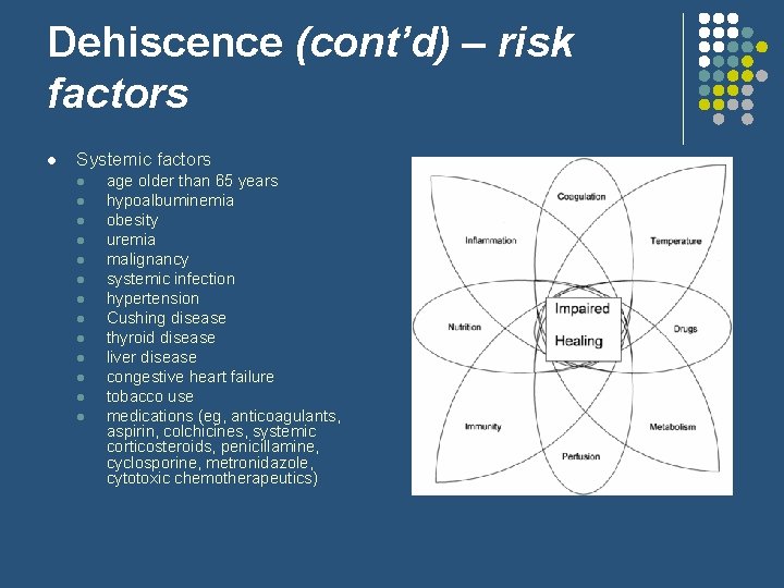 Dehiscence (cont’d) – risk factors l Systemic factors l l l l age older