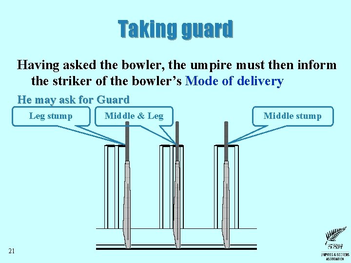 Taking guard Having asked the bowler, the umpire must then inform the striker of Taking guard Having asked the bowler, the umpire must then inform the striker of