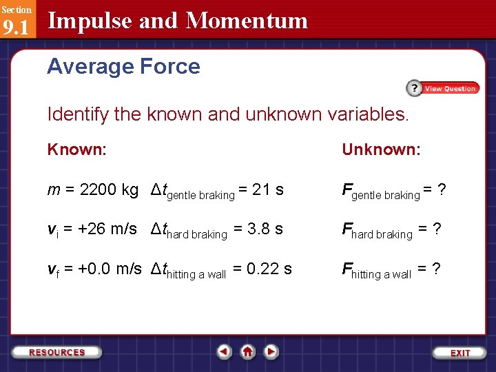 Section 9. 1 Impulse and Momentum Average Force Identify the known and unknown variables.