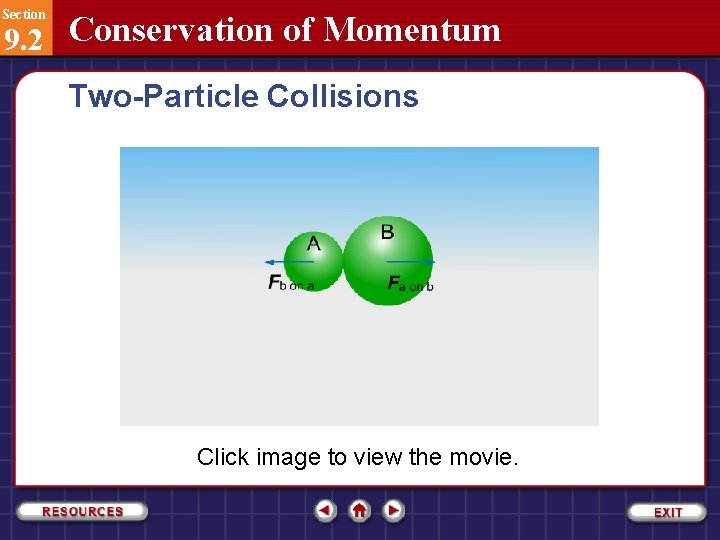 Section 9. 2 Conservation of Momentum Two-Particle Collisions Click image to view the movie.