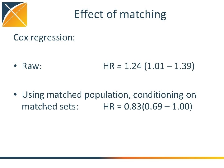 Effect of matching Cox regression: • Raw: HR = 1. 24 (1. 01 –