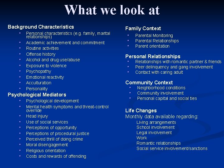 What we look at Background Characteristics • • • Personal characteristics (e. g. family,