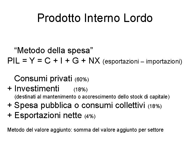 Prodotto Interno Lordo “Metodo della spesa” PIL = Y = C + I +